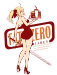  absurdres ahoge aszx4000 blonde_hair caliburn casual_one-piece_swimsuit dress english fate/zero fate_(series) food french_fries hamburger high_heels highres one-piece_swimsuit ponytail saber shoes solo swimsuit sword waitress weapon 