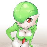  breasts cleavage gardevoir hand_on_hip leaning_forward looking_at_viewer mrploxykun no_humans pokemon red_eyes simple_background smile wink 