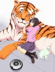  1girl black_hair cat hanekawa_tsubasa highres monogatari_(series) nekomonogatari nisemonogatari school_uniform short_hair tiger white_cat 
