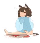  =_= animal_ears ball barefoot bikini brown_hair cat_ears cat_tail chen child closed_eyes clothes_removed eyes_closed nakashino_setsu nude open_mouth short_hair simple_background sitting sleepy solo swimsuit tail touhou white_background 