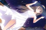  absurdres arms_up bare_shoulders black_hair dress dutch_angle fuyuno_haruaki glowing hat hat_ribbon highres long_hair looking_at_viewer night night_sky original purple_eyes ribbon scan sky solo star_(sky) starry_sky straw_hat sun_hat sundress violet_eyes white_dress wind wind_lift 