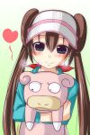  blue_eyes blush brown_hair double_bun heavy_breathing highres long_hair mei_(pokemon) nishi_koutarou pokemon pokemon_(game) pokemon_bw2 simple_background slowpoke smile twintails visor_cap 