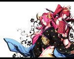  armor belial_(mygrimoire) flower flowers gloves horns japanese_clothes katana kimono kyousaku long_hair multiple_girls mygrimoire original over_shoulder pink_eyes pink_hair pointy_ears red_hair red_rose redhead rose sin_(mygrimoire) smile sword thigh_strap thighhighs weapon yellow_eyes 