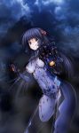  1girl absurdres bangs blood blood_on_face bloody_clothes blue_hair bodysuit breasts cloud clouds eyebrows_visible_through_hair female hair_ornament half_updo highres ishigaki_takashi leaning_forward long_hair muvluv muvluv_alternative navel night night_sky parted_lips purple_eyes scan sendou_yuzuka sky solo violet_eyes 
