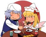  apron blonde_hair blue_dress capelet chopsticks closed_eyes cup dress eating eyes_closed food food_on_face hat letty_whiterock lily_white long_hair long_sleeves multiple_girls obentou onikobe_rin shirt short_hair silver_hair smile table teacup touhou waist_apron white_dress 