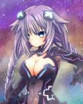  blue_eyes bodysuit braid breasts choujigen_game_neptune cleavage cleavage_cutout expressionless hair_ornament highres kami_jigen_game_neptune_v large_breasts long_hair nabenofutahiwa navel neptune_(choujigen_game_neptune) purple_hair purple_heart see-through solo symbol-shaped_pupils twin_braids very_long_hair 