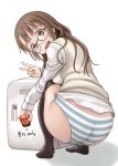  ass black_legwear brown_eyes brown_hair character_request copyright_request glasses hair_ornament hairclip long_hair neyuki_rei open_mouth panties pudding refrigerator simple_background smile solo squatting striped striped_panties sweater_vest thigh-highs thighhighs underwear v 