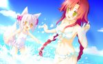  animal_ears bikini blush bow clouds foxgirl game_cg irotoridori_no_hikari irotoridori_no_sekai long_hair minami_kana_(irotoridori) redhead ren_(irotoridori_no_sekai) shida_kazuhiro short_hair sky swimsuit tail water white_hair yellow_eyes 