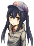 baseball_cap black_hair blush brown_eyes chain chains clothes_writing collarbone hat hoodie k-on! long_hair nakano_azusa simple_background solo tom_(drpow) twintails white_background 