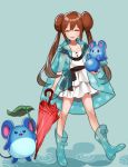  1girl azurill boots brown_hair closed_eyes double_bun dress eyes_closed leaf marill mei_(pokemon) pokemon pokemon_(creature) pokemon_(game) pokemon_bw2 raincoat rubber_boots sakida_kiyu skirt smile transparent twintails umbrella water 