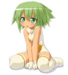  :d bare_shoulders between_legs blush busou_shinki dd_(artist) doll_joints gloves green_eyes green_hair looking_at_viewer maochao maryceles open_mouth short_hair simple_background sitting smile solo thigh-highs thighhighs v_arms wariza white_background white_legwear 