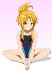  barefoot blonde_hair brown_eyes butterfly_sitting competition_swimsuit contemporary hands_on_feet highres hoshino_sora indian_style oda_nobuna oda_nobuna_no_yabou one-piece_swimsuit sitting swimsuit 
