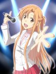  :d alternate_costume asuna_(sao) braid brown_eyes brown_hair holding long_hair microphone nori_tamago open_mouth outstretched_hand pleated_skirt ribbed_sweater singing skirt smile solo sweater sword_art_online 