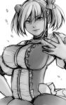  1girl adult alternate_breast_size breasts greyscale impossible_clothes kaname_madoka kinder_garten large_breasts lowres mahou_shoujo_madoka_magica monochrome solo twintails 