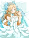  blue_eyes blush brown_hair dress elbow_gloves flower gloves hair_flower hair_ornament hair_tubes hand_on_own_chest jewelry long_hair margaret margaret_(rune_factory) persona persona_4 petals pointy_ears ring rune_factory rune_factory_4 single_glove smile solo suneo_(goten) wedding_dress 