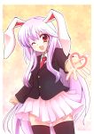 ;d animal_ears black_legwear blazer blush bunny_ears long_hair long_sleeves looking_at_viewer milfy_oira necktie open_mouth outstretched_arm purple_hair rabbit_ears red_eyes reisen_udongein_inaba skirt smile solo standing thigh-highs thighhighs touhou wink zettai_ryouiki 