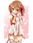  :t alternate_costume asuna_(sao) asuna_(sao)_(cosplay) blush brown_eyes brown_hair covering covering_crotch detached_sleeves dress dress_tug hair_ornament hand_on_own_chest highres looking_at_viewer miko_92 no_pants pout red_eyes short_hair short_twintails silica solo sword_art_online thighhighs twintails white_dress white_legwear zettai_ryouiki 