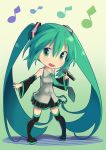  aqua_eyes aqua_hair chibi hatsune_miku long_hair looking_at_viewer microphone musical_note open_mouth singing skirt smile solo twintails uhyoko very_long_hair vocaloid 