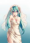  1girl absurdres aqua_eyes aqua_hair arms_behind_back bare_shoulders blue_eyes blush breasts cleavage detached_collar dress elbow_gloves flower game00985 gloves hair_flower hair_ornament hatsune_miku highres long_hair looking_at_viewer smile solo twintails veil very_long_hair vocaloid wedding_dress 