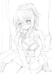  bra breasts cheria_barnes cleavage kneeling kurimomo monochrome open_clothes open_shirt ponytail sketch skirt socks tales_of_(series) tales_of_graces underwear 