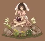  animal_ears barefoot black_hair bottle bunny_ears bunny_tail carrot closed_eyes cup dress eyes_closed flower inaba_tewi inazakura00 indian_style jewelry necklace open_mouth pink_dress puffy_sleeves rabbit_ears rock sakazuki sake_bottle short_hair short_sleeves sitting sitting_on_rock smile solo tail touhou 