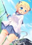  animal_ears bag bandaid blonde_hair blue_eyes blush book_bag bookbag cat_ears cat_tail cloud clouds collar copyright_request dandelion flower irie_sekine open_mouth outdoors school_uniform serafuku short_hair skirt sky solo tail thigh-highs thighhighs 