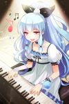  bow collarbone dress frills grin hair_bow instrument linus_falco long_hair lowres musical_note open_mouth piano ponytail red_eyes ribbon sitting smile sword_girls syokil very_long_hair wavy_hair wide_ponytail 