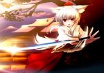  animal_ears bare_shoulders chipika detached_sleeves hakama hat inubashiri_momiji japanese_clothes looking_at_viewer red_eyes short_hair silver_hair solo swinging sword tail tokin_hat touhou weapon wide_sleeves wolf_ears wolf_tail 