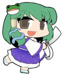  :d chibi detached_sleeves frog gohei green_hair grey_eyes hair_ornament hair_tubes high_heels kochiya_sanae long_hair looking_at_viewer no_nose open_mouth shoes simple_background skirt skirt_set smile snake solo standing standing_on_one_leg touhou ume_(noraneko) white_background wide_sleeves 