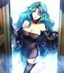  aqua_eyes aqua_hair black_gloves black_legwear breasts choker cleavage elbow_gloves garter_straps gloves hair_over_one_eye highres light_particles long_hair misery_(outer_zone) multicolored_hair open_door open_mouth outer_zone pointy_ears purple_hair reaching short_dress smile smoke solo sunakumo thigh-highs thighhighs two-tone_hair wavy_hair zettai_ryouiki zipper 