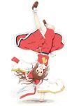  :d ascot bloomers bow brown_hair dawndusk detached_sleeves gohei hair_bow hair_tubes hakurei_reimu handstand highres long_hair navel open_mouth simple_background skirt skirt_set smile solo touhou upside-down white_background 