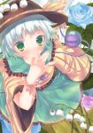  absurdres blue_rose blush eyeball flower green_eyes ha_ru hat highres komeiji_koishi looking_at_viewer open_mouth rose short_hair silver_hair skirt solo third_eye touhou wide_sleeves wrist_ribbon 