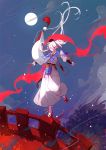  1boy anklet bangle bracelet bridge clouds full_moon geta hakama hat ima-no-tsurugi japanese_clothes jewelry long_hair moon pom_pom_(clothes) red_eyes sheath sode solo stole tantou tengu-geta tokin_hat touken_ranbu white_hair yetworldview_kaze 