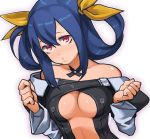  bare_shoulders blue_hair bow breasts detached_sleeves dizzy guilty_gear hair_bow kuroshin red_eyes solo under_boob underboob white_background 