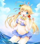  ;d adelaide_grand_marnier ahoge bare_shoulders bikini blonde_hair blue_eyes breasts cleavage crown dog_days flower hair_flower hair_ornament long_hair michii_yuuki mound_of_venus navel open_mouth smile solo star star-shaped_pupils swimsuit swimsuit symbol-shaped_pupils water wink yukikaze_panettone 