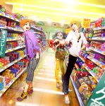  androgynous black_hair blonde_hair earrings fate/zero fate_(series) food gilgamesh groceries highres jewelry leopard_print male multiple_boys open_mouth orange_hair red_eyes shoes shopping short_hair snakeskin_print sneakers supermarket sweater_vest tears uryuu_ryuunosuke v-neck waver_velvet 