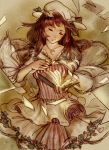  antiquewhite book capelet closed_eyes eyes_closed flying_paper hair_ribbon highres jewelry necklace open_book paper patchouli_knowledge ribbon sepia solo striped touhou tress_ribbon vertical_stripes wind 