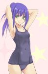  :q armpits arms_up bare_shoulders blue_hair fire_emblem fire_emblem:_akatsuki_no_megami fire_emblem:_souen_no_kiseki green_eyes highres konimaru long_hair looking_at_viewer mia_(fire_emblem) one-piece_swimsuit pink_background ponytail school_swimsuit simple_background solo swimsuit tongue 