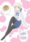  ac0 ahoge barefoot blonde_hair blush candy doughnut eating fate/stay_night fate_(series) feet hair_ribbon imagining legs long_sleeves pantyhose ribbon saber skirt solo thought_bubble 