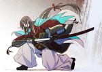  1boy battoujutsu_stance black_hair boots fighting_stance hakama haori izumi-no-kami_kanesada japanese_clothes katana kusazuri long_hair low-tied_long_hair sheath shinsengumi solo sword touken_ranbu unsheathing weapon yannuru_kanna 