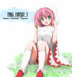  character_name final_fantasy final_fantasy_v grass green_eyes lenna_charlotte_tycoon long_hair open_mouth pink_hair robe sitting socks solo title_drop u-zone white_mage 