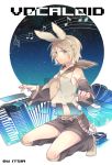  bare_shoulders blonde_hair blue_eyes detached_sleeves hair_ornament hair_ribbon hairclip holographic_interface instrument itsia kagamine_rin keyboard_(instrument) leg_warmers looking_at_viewer musical_note ribbon short_hair solo vocaloid 