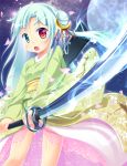  1girl aqua_hair blush copyright_request full_moon hair_ornament heterochromia irie_sekine japanese_clothes katana kimono long_hair looking_at_viewer moon night obi petals silver_hair sky solo sword weapon 