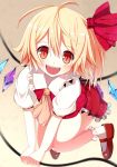  :d ahoge ascot bad_id blonde_hair blush fang flandre_scarlet fumoyuni looking_at_viewer mary_janes open_mouth red_eyes shoes short_hair skirt skirt_set slit_pupils smile solo touhou wings 