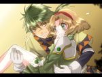  1girl armor armored_dress blush brown_hair carrying couple embarrassed ferio_(rayearth) glasses gloves green_eyes green_hair hairband hanei hououji_fuu letterboxed magic_knight_rayearth princess_carry short_hair smile surprised yellow_background yellow_eyes 