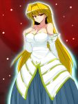  1girl archetype_earth arcueid_brunestud bare_shoulders blonde_hair breasts cleavage detached_sleeves long_hair red_eyes solo strapless_dress tsukihime 