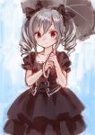  ama-tou black_dress bow dress drill_hair hair_bow idolmaster idolmaster_cinderella_girls kanzaki_ranko looking_at_viewer parasol puffy_sleeves red_eyes short_sleeves silver_hair smile solo twin_drills twintails umbrella 