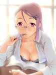  black_bra book bra breasts cleavage collarbone down_blouse glasses hair_ornament hairclip large_breasts lips long_hair looking_at_viewer original parted_lips pen pink_eyes pink_hair ponytail sleeves_rolled_up solo sunlight table ueyama_michirou underwear 