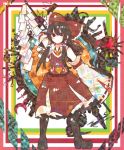  adapted_costume arm_up bad_id bamboo bare_shoulders bird boots bow brown_eyes brown_hair crescent cross detached_sleeves gohei hair_bow hair_tubes hakurei_reimu highres long_hair necktie payot ringetsumon snake solo touhou 
