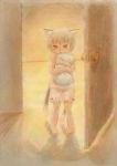  animal_ears barefoot bloomers blush brown_hair cat_ears cat_tail chen child door grey_hair highres multiple_tails no_hat no_headwear open_mouth pillow pillow_hug saraband short_hair solo tail touhou traditional_media underwear underwear_only 